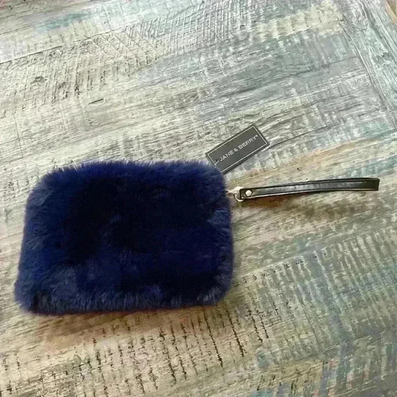 Jane & Berry Fuzzy Pouch Blue Wristlet Black Strap NWT Zipper - Picture 9 of 9